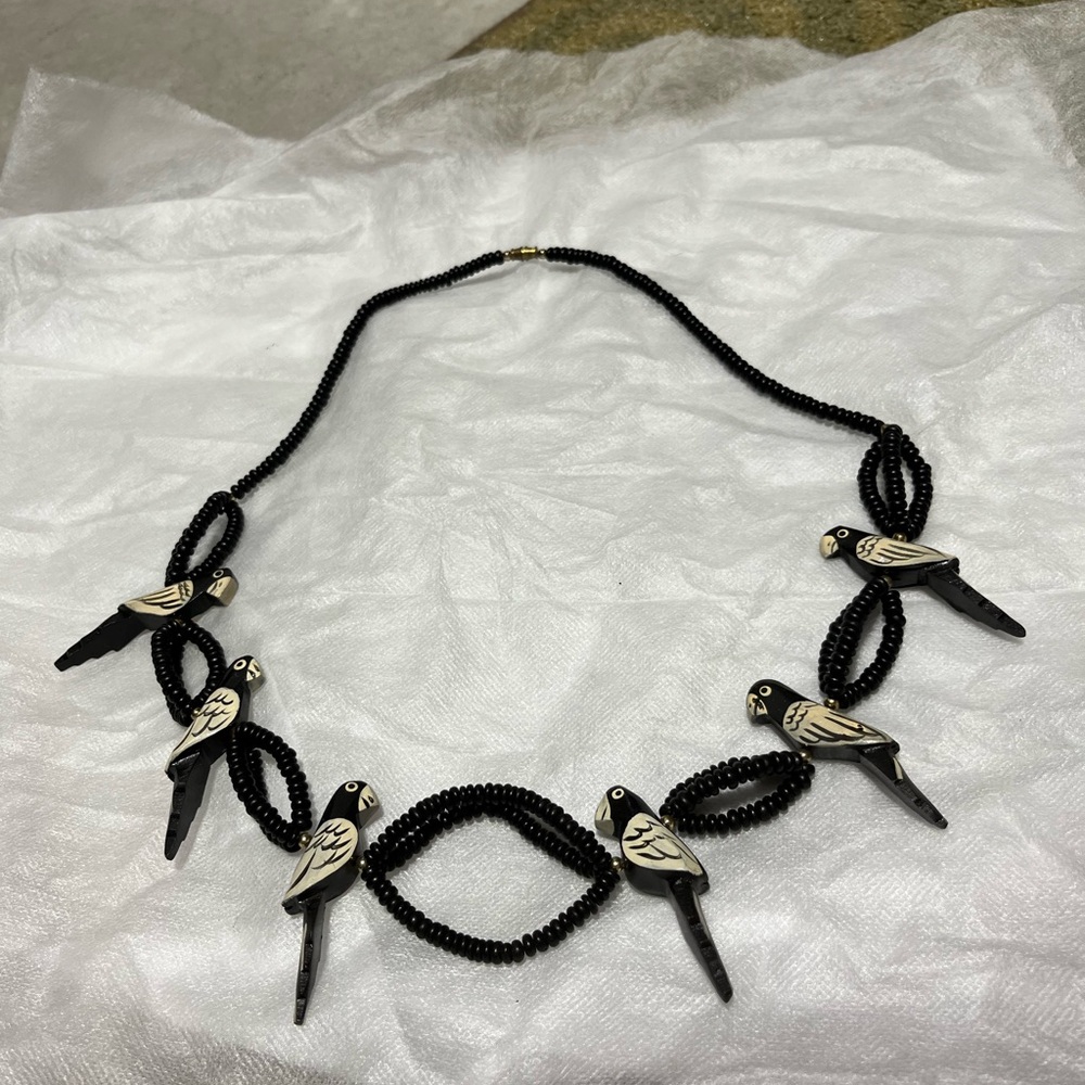 Black Beaded Necklace with Bird Accents